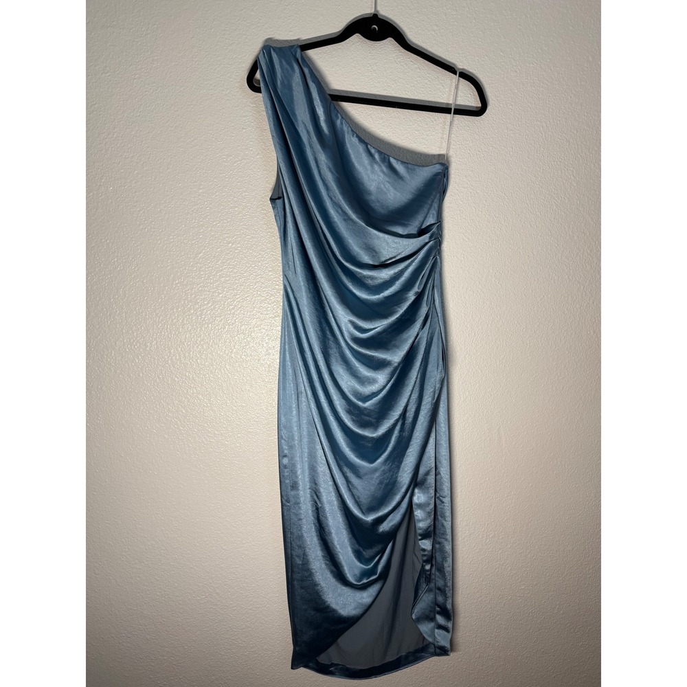 ELLIATT Reception Dress Dusty Blue One Shoulder Satin Ruched Midi Size L‎ - Picture 6 of 16